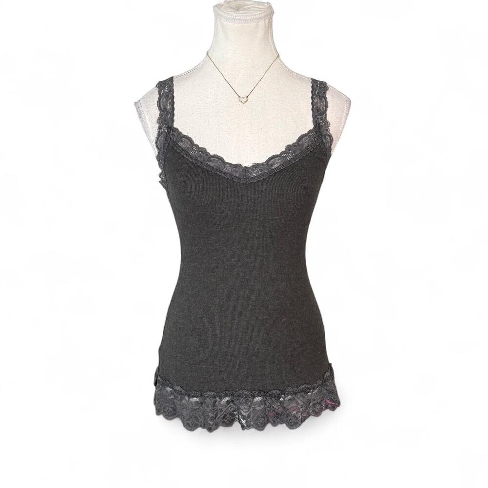 Y2K Grunge lace Dark Grey fitted One Step Up lace trim tank top in size large